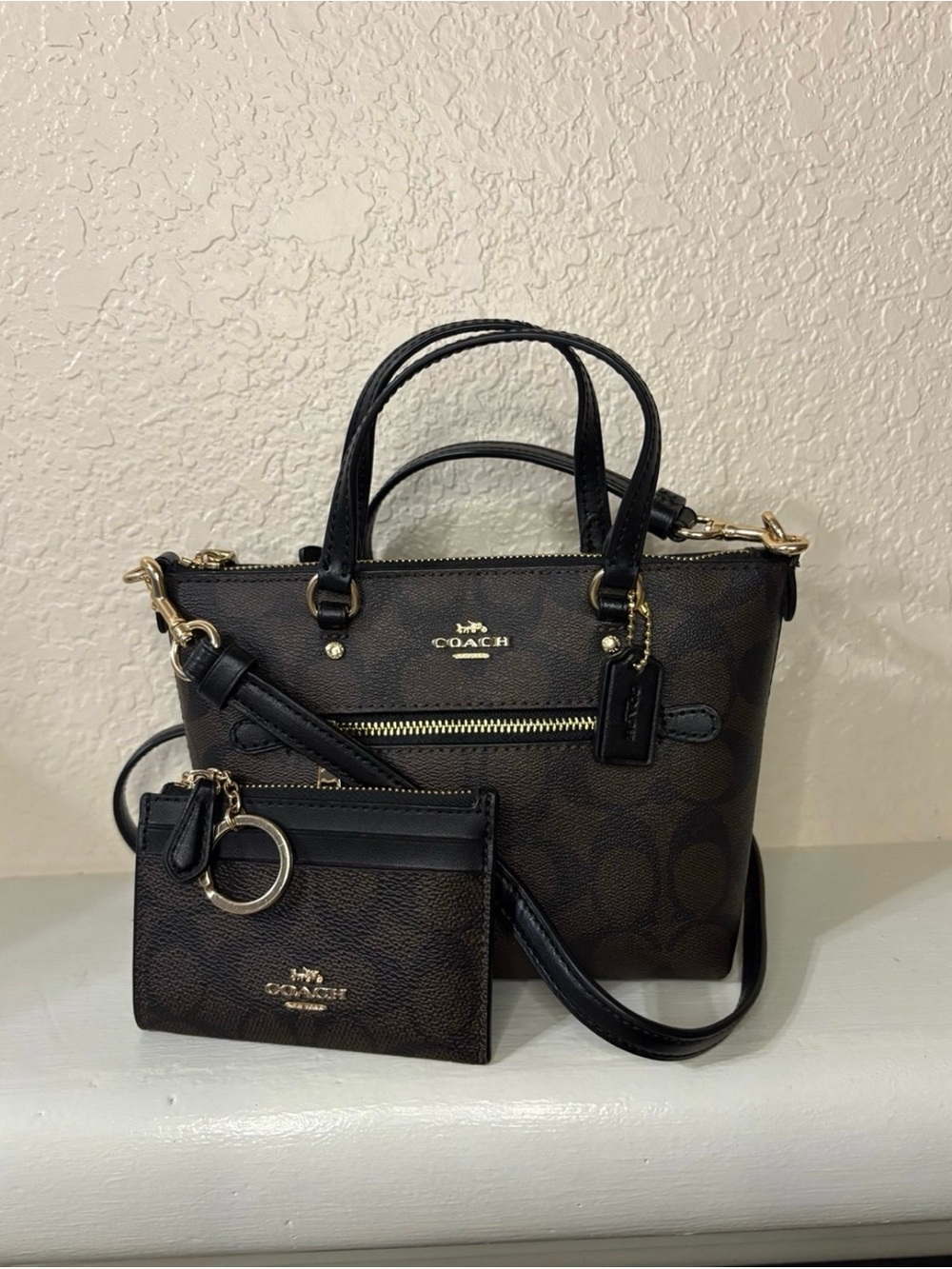 Coach Brown/Black Signature Mini Crossbody with Card holder.